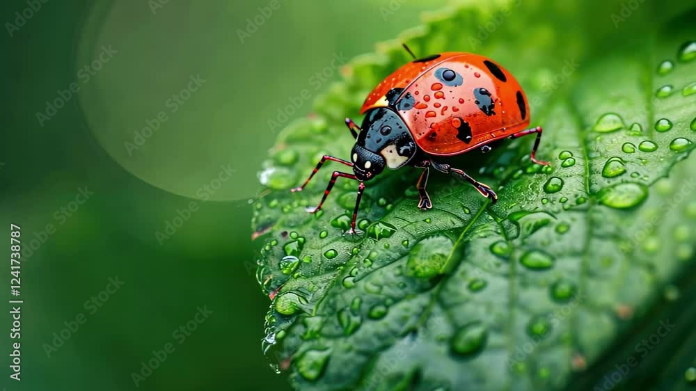 Poster exploring the vibrant world of a ladybug on a dewy leaf in stunning 4k animation showcasing nature's