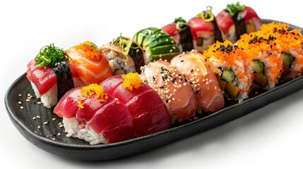 Detailed close-up of sushi varieties like dragon rolls, spicy tuna, and cucumber maki on a glossy black plate, set against a bright white background