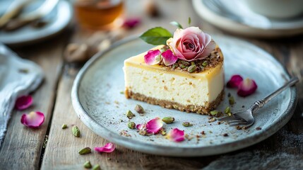 Slice of creamy cheesecake topped with rose petals and pistachios on a rustic wooden table during afternoon tea