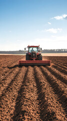 Fototapeta premium Modern Tractor Plowing Fields: Preparing the Soil for a Bountiful Harvest under a Clear Sky