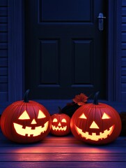 Obraz premium Illuminated Jack-o'-lanterns on Porch - Three glowing jack-o'-lanterns sit on a porch steps at night, creating a spooky yet festive Halloween scene.