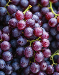 A close-up of fresh red and purple grapes covered in tiny water droplets, showcasing rich colors and juicy texture. Generative AI