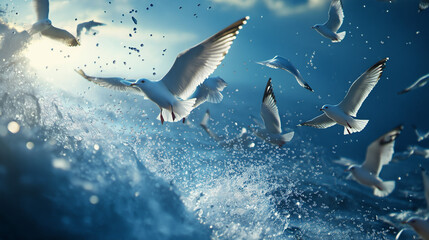 Flock of seagulls gliding above a sparkling ocean, their wings catching the sunlight with dynamic contrast of blue sky and crashing waves Generative AI