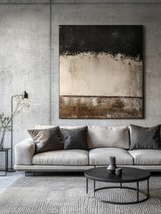 Minimalist living room with textured sofa and abstract art.