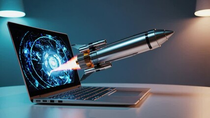 realistic scene depicting a sleek rocket emerging from a laptop screen, symbolizing innovation, creativity, and the power of technology.