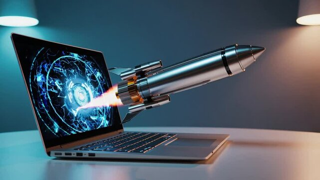 realistic scene depicting a sleek rocket emerging from a laptop screen, symbolizing innovation, creativity, and the power of technology.