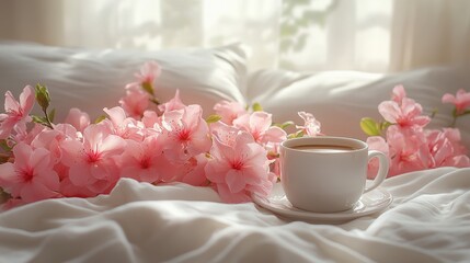 Serene morning scene with a cup of coffee surrounded by pink flowers on a cozy bed