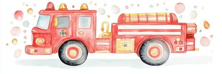 Kawaii Watercolor Fire Truck Illustration - Cute red firetruck, watercolor style, playful design,  emergency vehicle, children's book illustration. Symbolizing bravery,  protection,  helpfulness