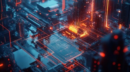 Fototapeta premium Complex network of circuits and processors emitting vibrant lights, symbolizing advanced technology and innovative manufacturing processes in a futuristic setting
