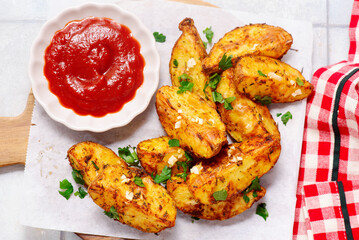 Baked potatoes in country style with ketchup.style rustic.selective focus