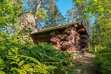 An old cabin made with large logs, and a stone fireplace in a thick green forest with ferns and evergreen trees.
