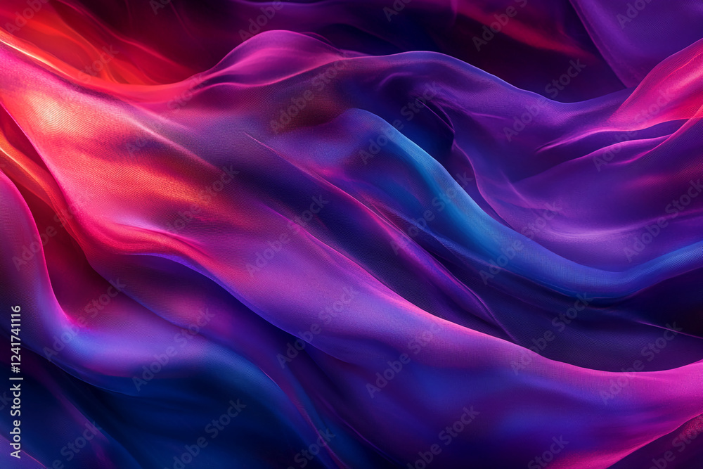Poster Close-up of flowing fabric with vibrant gradient colors of purple, blue, and red, showcasing smooth textures and dynamic light reflection. Abstract and elegant composition.