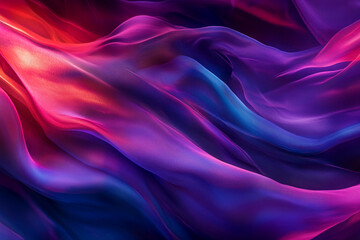 Obraz premium Close-up of flowing fabric with vibrant gradient colors of purple, blue, and red, showcasing smooth textures and dynamic light reflection. Abstract and elegant composition.