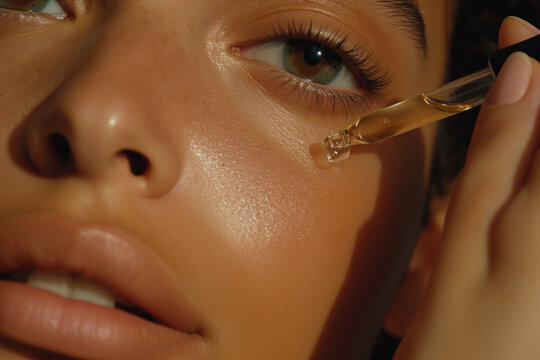 Young woman applying serum on face for perfect skin