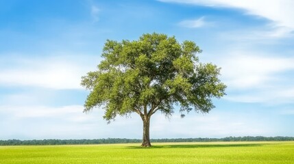 Obraz premium Lone Tree in Green Field - A single, lush green tree stands alone in a vast, vibrant green field under a bright blue sky with fluffy white clouds.