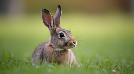 Fototapeta premium Bunny sits in the grass in the field. The hare of beautiful color sits in the field in the summer.