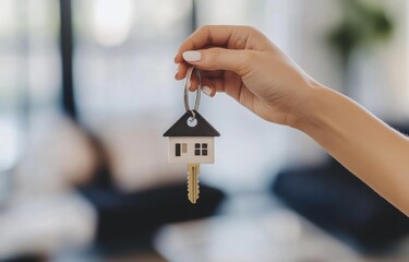 Woman's hand holding house keys, new home, interior background