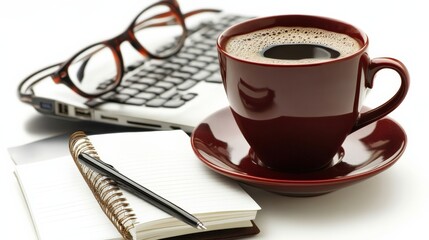 A cozy workspace featuring a cup of coffee, notebook, and laptop with glasses nearby