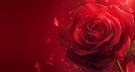 Naklejka premium a red rose with dew drops on its petals, set against a dark red Valentine's Day background