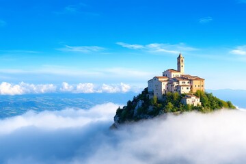 Majestic Mountaintop Village - A picturesque village nestled atop a mountain peak, shrouded in mist, under a vibrant blue sky.