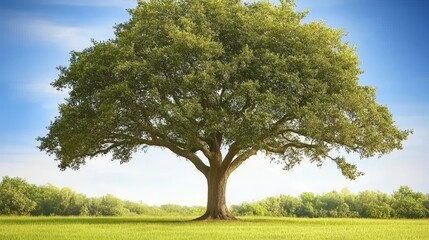 Fototapeta premium Majestic Southern Live Oak in Spring Meadow - A large, majestic Southern live oak tree stands tall in a vibrant green meadow under a bright blue sky. Symbolizing strength, longevity, nature, peace