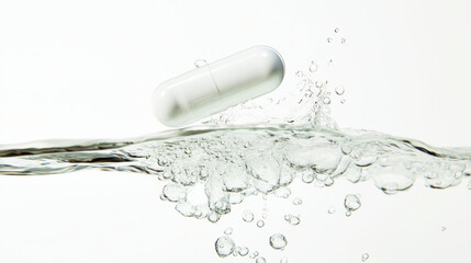 High-speed splash of a white round pill falling into clear water with bubbles