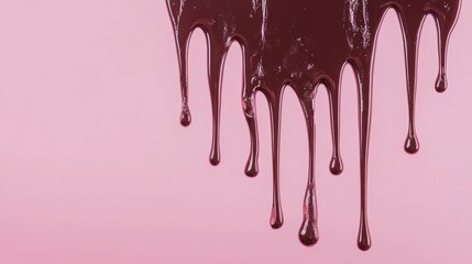 Melted Chocolate Drizzle on Pink - Delicious chocolate flows down, symbolizing indulgence, sweetness, temptation, fluidity, and decadence.