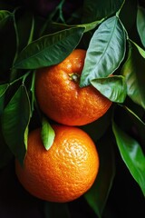 Fresh oranges growing on a tree with lush green leaves, ideal for food or decoration