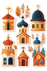 Fototapeta premium Collection of charming autumnal church and chapel stickers.