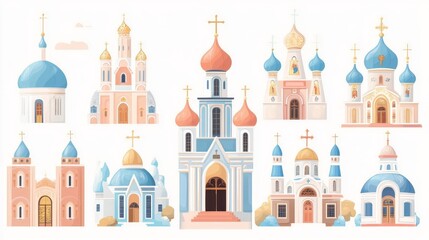 Fototapeta premium Collection of illustrations depicting various church architectural styles.