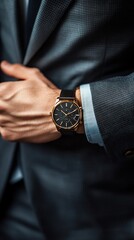 Man adjusting suit, wristwatch detail, dark background, business