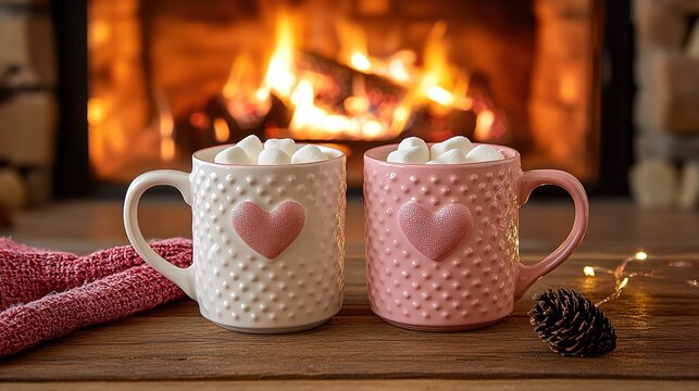 Valentine`s day hot chocolate or coffee latte mug with chocolate drizzle, heart shaped marshmallow and macaron cookie. Sweet treats drink recipe idea, sweet dessert beverage for your Valentine