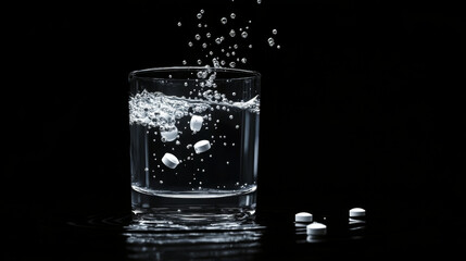 Dissolving effervescent tablet in crystal-clear water with rising bubbles