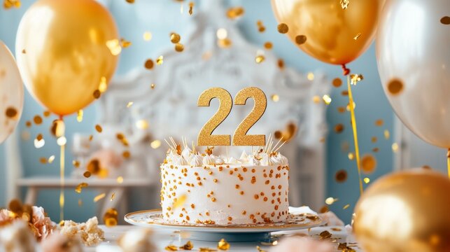 A celebratory 22nd birthday cake surrounded by gold balloons and confetti.