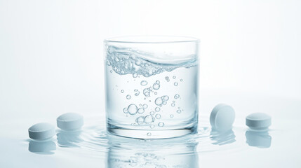 Effervescent tablet dissolving and fizzing in clear water with bubbles and liquid movement