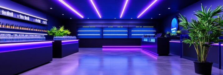 Fototapeta premium Modern Cannabis Dispensary Interior Design - Sleek, modern cannabis dispensary showcasing vibrant purple and blue lighting, organized shelves, and a calming plant. Emphasizes a sophisticated, clean