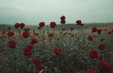 Obraz premium A lush field blanketed in green grass and dotted with blooming red flowers beneath a cloudy sky