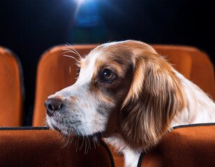 A dog inspecting a row of empty cinema seats during a film projection.