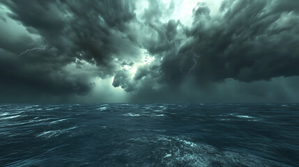 A stormy ocean with dark clouds and lightning