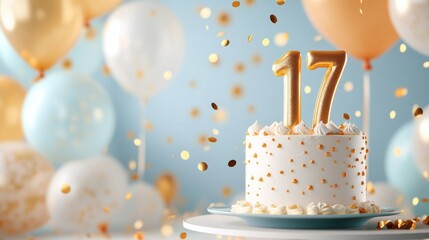 A celebratory 17th birthday cake surrounded by balloons and confetti.