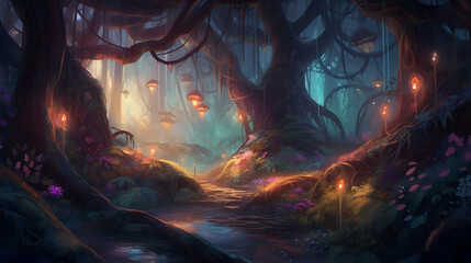 A forest scene with a path leading through it