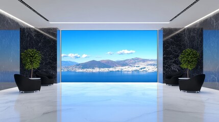 Modern Office Lobby with Stunning Sea View - Spacious contemporary office lobby featuring a breathtaking panoramic view of a coastal city and mountains. Marble floors and dark walls create an elegant