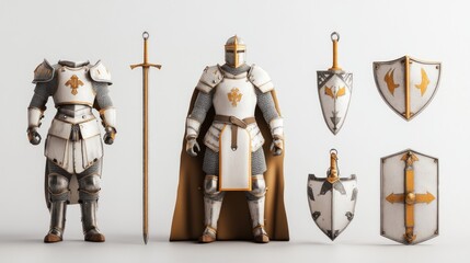 Medieval knight's armor, weapons, and shields displayed.
