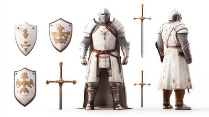 Fototapeta premium Medieval knight in full armor, shields and swords.