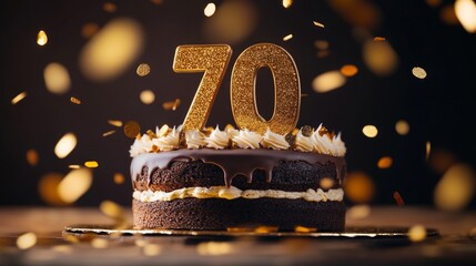 A delicious chocolate cake with a glittery 70 candle, surrounded by golden confetti.