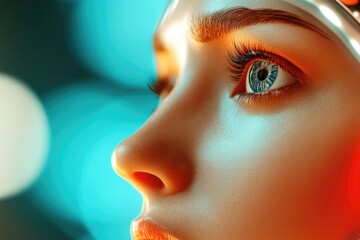 Fototapeta premium Close-up of female with futuristic tech focus and intense gaze