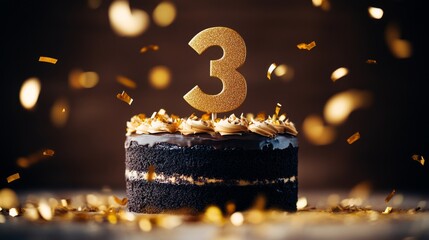 A delicious chocolate cake celebrates a third birthday with golden confetti.