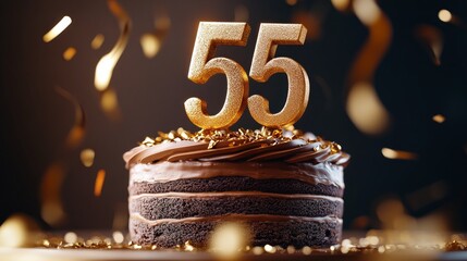 A decadent chocolate cake celebrates a 55th birthday with golden confetti.
