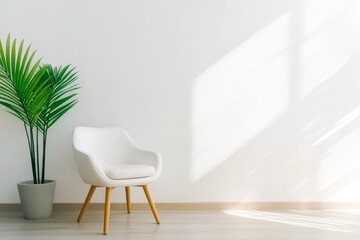 Modern Minimalist Living Room Interior - A white chair and a green plant in a bright, minimalist room with sunlight streaming through a window.