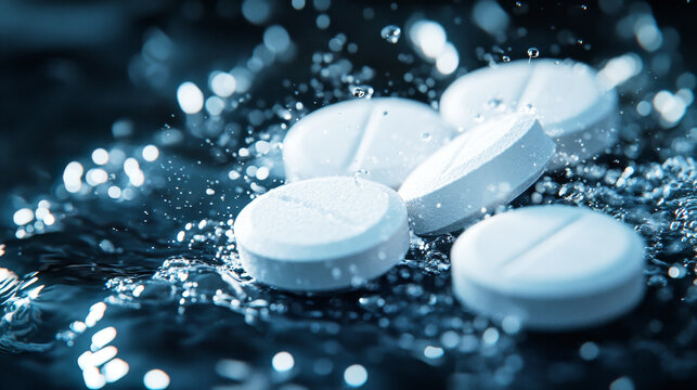 Pharmaceutical tablet dissolves in water creating fizzing bubbles with a dramatic backdrop